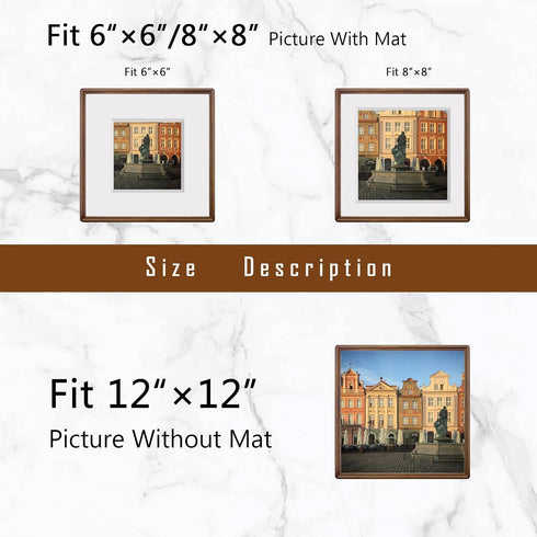 12x12 8x8 6x6 Square Walnut Wood Picture Frame with Tempered Glass Double Mat for or Photos, Handcrafted Natural Wood