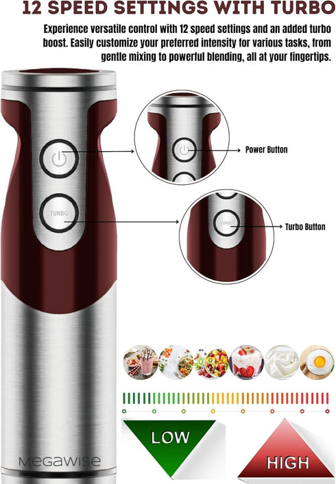 MegaWise Pro Titanium Reinforced 3-in-1 Immersion Corded Hand Blender, 12-Speed with Whisk and Milk Frother (3-in-1 Red)
