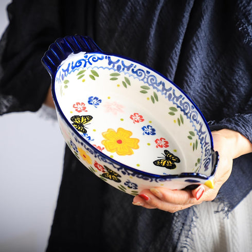 Vintage Chicken Shape Pie Pan, Butterfly and Flower Pattern Ceramic Bakeware Casserole Dish, 25 OZ Baking Pan for Oven