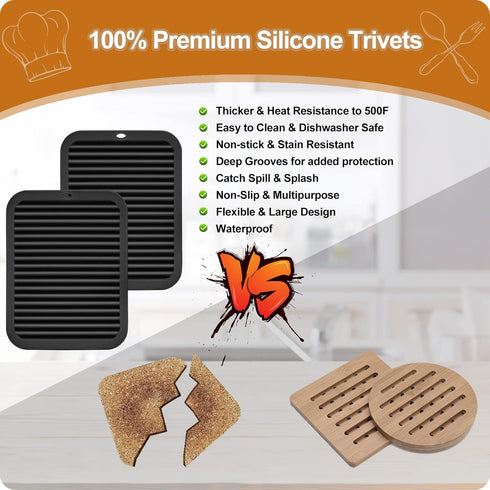 Black Silicone Trivets for Hot Dishes, 9'' x 12'', Heat Resistant Hot Pads for Kitchen and Quartz Countertops