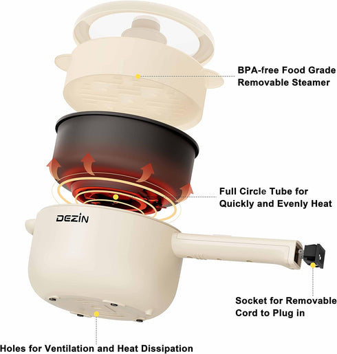 Dezin Electric Cooker, 2L Non-Stick Sauté Pan, Mini Pot for Steak, Egg, Fried Rice, Ramen, Oatmeal