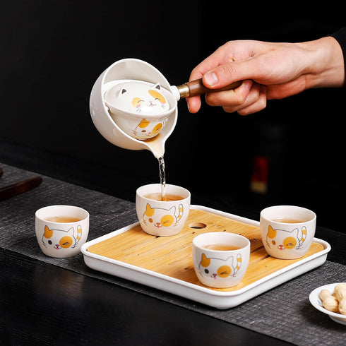 Set set, Set 360 Set (4cups-cat) Chinese Tea Gongfu Tea Portable Teapot with Rotation Tea maker and Infuser,Kung Fu Tea