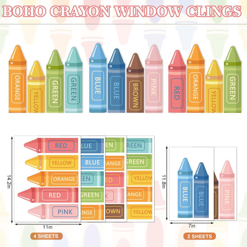 6 JarThenaAMCS Boho Crayon Window Clings Colorful Crayon Print Window Stickers Double Sided Glass Decals for Back
