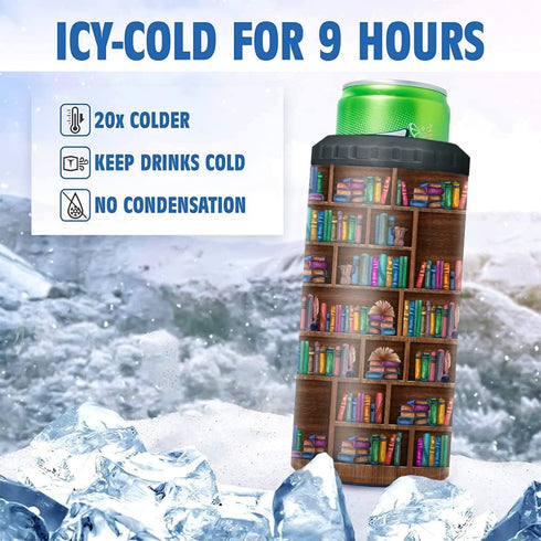 4 1 12oz Coozie SANDJEST Book Lovers Tumbler Bookshelf in Tumbler Can Cooler Skinny Stainless Steel Tumbler Gift