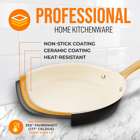 NutriChef 12-Inch Professional Ceramic Frying Pan, Large Skillet with Golden Titanium Handle, Non-Stick Coating
