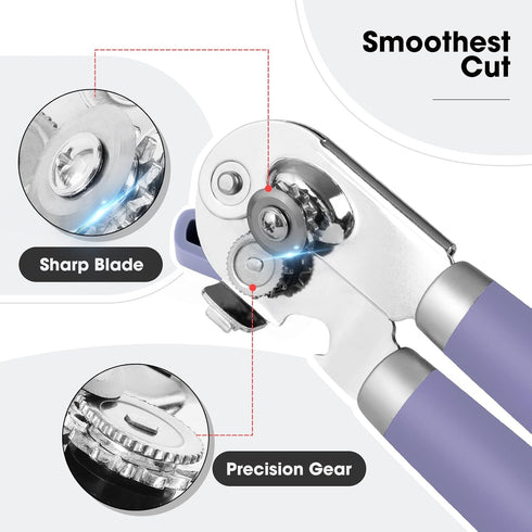 Manual Can Opener with Magnet, Handheld Can Opener with Sharp Blade and Effort-Saving Knob, Purple Color