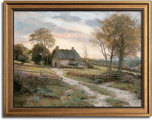 Gold Framed Vintage Wall Art Countryside Cottage Landscape Canvas Print for Kitchen and Living Room Decor (rural trail,