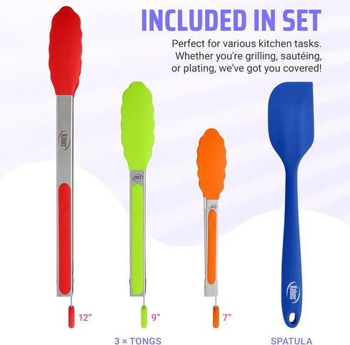 Kaluns Kitchen Tongs - Silicone Tip Stainless Steel Set, 7, 9, 12 Inch Tongs Plus Heat Resistant Spatula, Non-stick Serving Utensils by Kaluns
