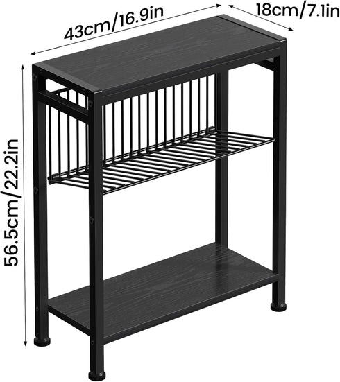 3-Tier End Table for Small Space, Narrow Side Table with Magazine Holder, Nightstand, Skinny Snack Couch Table