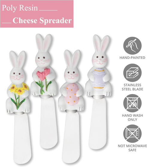 Easter Bunny Cheese Spreaders, Set of 4, Hand-Painted Resin Handles with Stainless Steel Blades