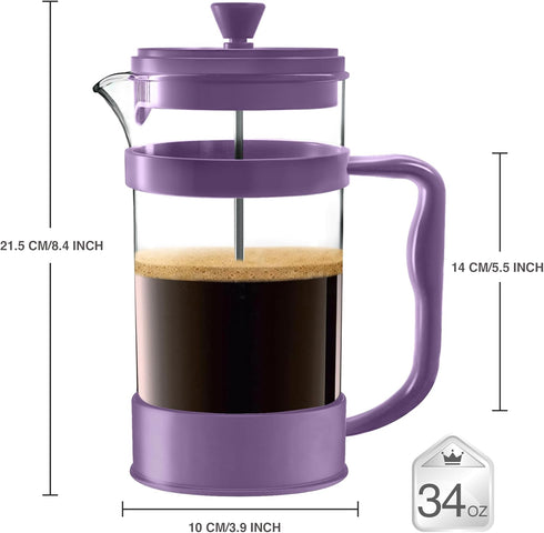 Utopia Kitchen French Press Espresso Tea and coffee Maker with Triple Filters 34 Ounce, 1000 milliliters Stainless Steel Plunger and Heat Resistant Borosilicate Glass - Plum by Utopia Kitchen