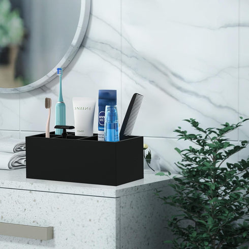 Electric Toothbrush Holder - 5 Slots Resin Organizer with Drain Hole for Bathroom Vanity, Matte Black Countertop Storage