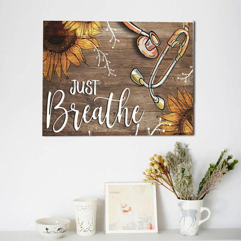 Sunator Just Breathe Canvas Wall Art, Beautiful Sunflower and Medical Stethoscope Inspirational Picture