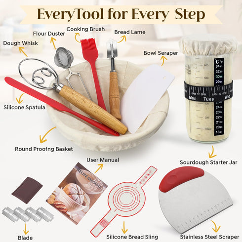 krhhchi Sourdough Starter Kit, Sourdough Bread Baking Supplies with Bread Proofing Basket, Starter Jar, Bread Making