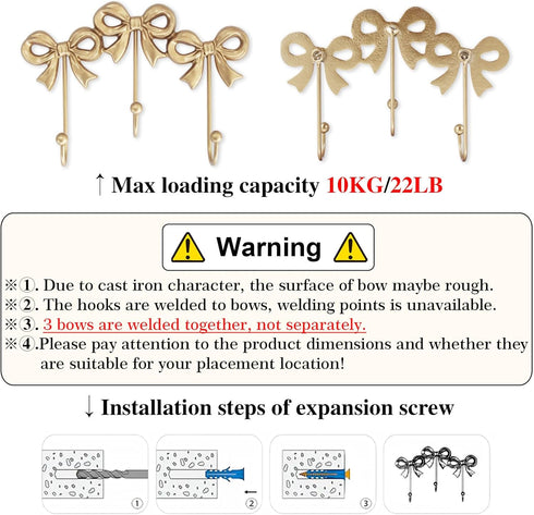 Hooks:8.27x5.59 inches) Small Bow Wall Hook,Gold Wall Mounted Functional Hooks,Antique Gold Cast Iron Hook