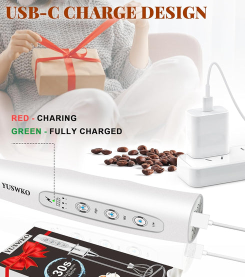 YUSWKO Handheld Milk Frother for Coffee with Stand, Rechargeable Drink Mixer, 3 Heads, 3 Speeds