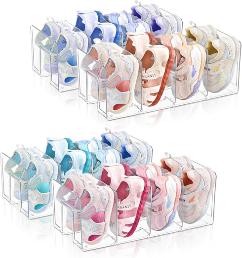 Adando Kids Shoe Organizer Stackable: Clear Acrylic Baby Shoe Rack with Dividers -