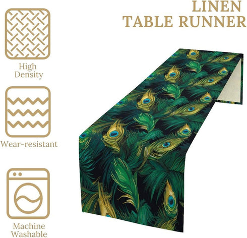13x36 inches Peacock Table Runner Green Feathers Pattern Table Runner Table Cloth Decoration Dresser Garden Farmhouse