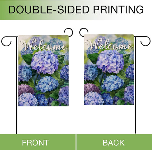 Welcome Spring Floral Flowers Garden Flag, Double Sided Hydrangea Decorative Yard Outdoor Small Decor, 12 x 18