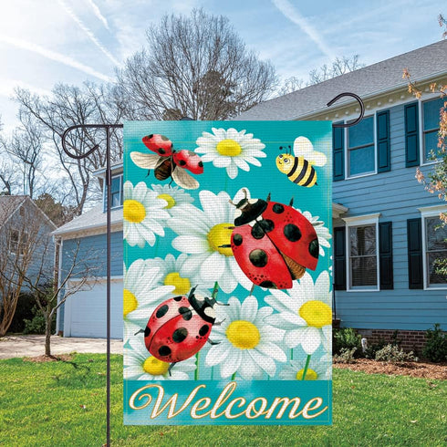 Welcome Ladybug Garden Flag, Vertical Double Sided Sunflower Bee Burlap Summer Yard Decor (12.5 x 18)