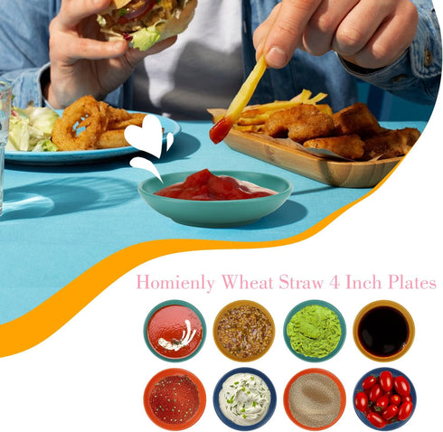 Homienly Plastic Dipping Plates - Set of 8, 4 inch Wheat Straw Mini Appetizer Bowls for BBQ