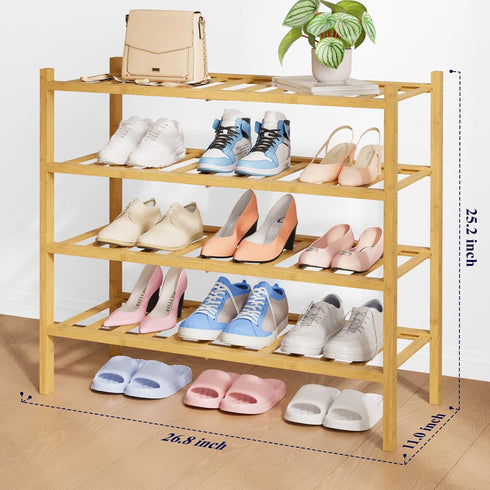 Closet 26.8" 4 Kitsure Bamboo Wooden Shoe Rack for - Stackable Shoe Organizer with Modular Structure, Space-Saving Shoe