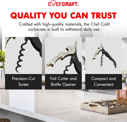 Chef Craft Select Waiters Corkscrew, 5 Inch Length, Stainless Steel/Black, with Foil Cutter and Bottle Opener