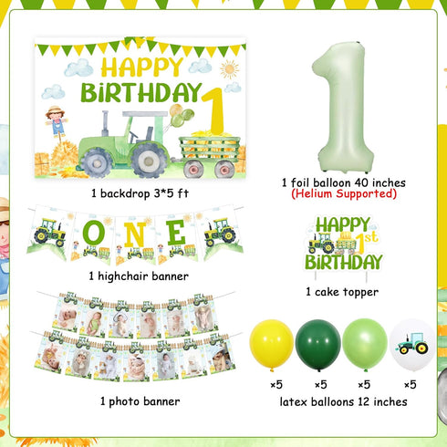 TWO WILD 1st Tractor Birthday Decorations for Boy Green Tractor Banner Backdrop High Chair Banner Cake Toppers Tractor