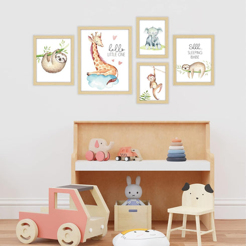 5 Pack Set, ArtbyHannah Woodland Nursery Wall Decor, Framed Baby Room Decor Safari Forest Animal Art Prints for Kids