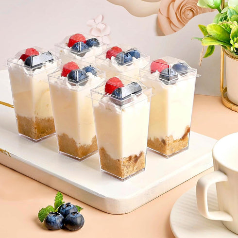 50 Pack 3 oz TOFLEN Square Mini Dessert Cups with Lids and Spoons Clear Plastic Dessert Shooter Cups for for Party