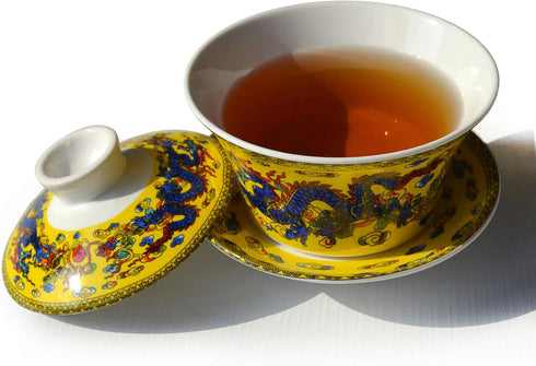 Gaiwan Teacup 7oz Chinese Dragon Sancai Cover Bowl Lip Saucer Set for Gongfu Tea (Yellow)