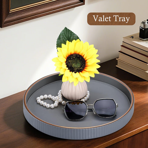 12" GORESE Round Coffee Table Tray for Home Decor, PU Leather Decorative Serving Tray for Home & Entryway Tables