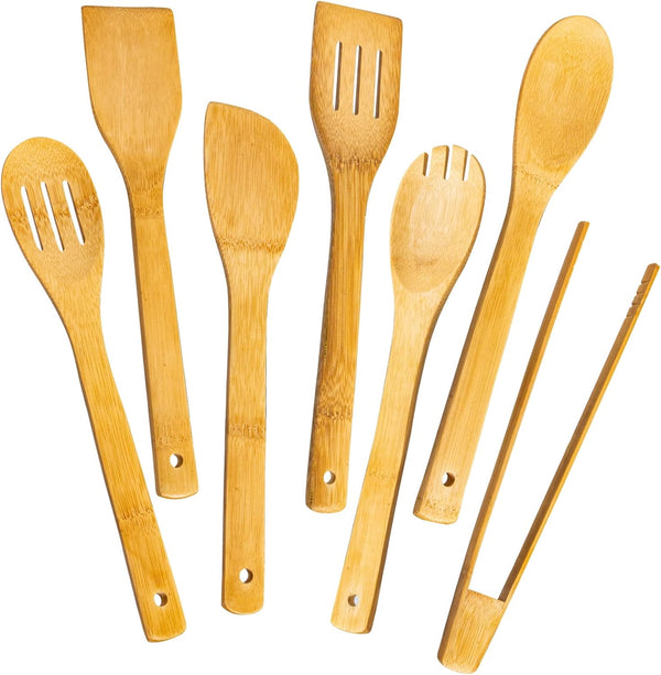 Wooden Spoons for Cooking, 7-Piece Kitchen Nonstick Bamboo Cooking Utensils Set, Durable and Healthy Bamboo Wooden