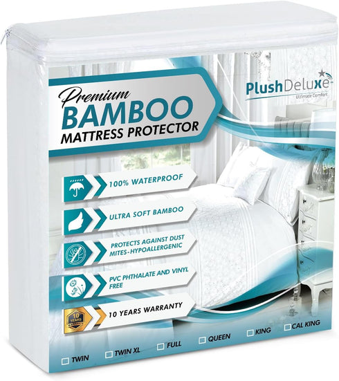 PlushDeluxe King Size Premium Bamboo Mattress Protector - Waterproof, Ultra Soft, Breathable, Noiseless