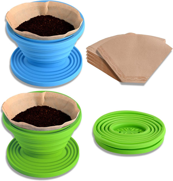 Abnaok Set of 2 Collapsible Pour Over Coffee Dripper, Silicone Reusable Cone Filter Holder with 40Pcs Paper Filters for
