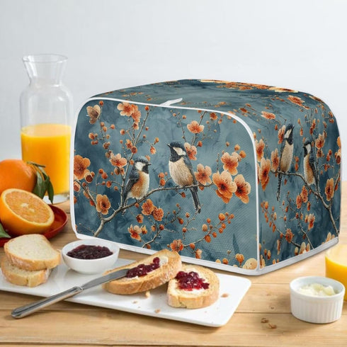 Blue Small Bird & Orange Red Flowers Toaster Cover - 4 Slice, Universal Size Dustproof Covers with Handle for Microwave