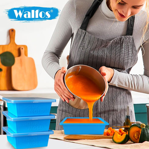 Walfos 2 Cup Silicone Freezing Tray with Lid, 4-Pack Easy Meal Prep Container for Soups and Foods