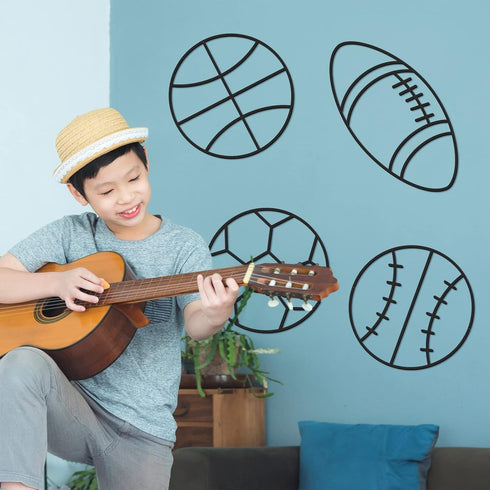 4 Packs Funrous Sports Room Wall Decor for Boys Metal Modern Soccer Football Wall Art Decor Black Basketball Baseball