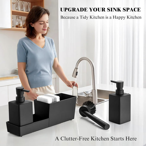 Set 4-in-1 Kitchen Soap Dispenser with Sponge Holder and Brush for Sink Rack Hand Soap and Dish Soap Dispensers Black