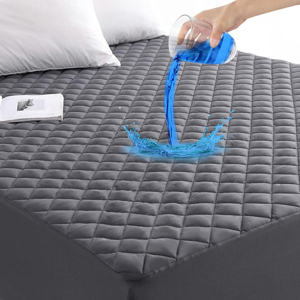 GRT Twin Size Grey Quilted Fitted Mattress Pad, 100% Waterproof, Noiseless Cotton Mattress Protector