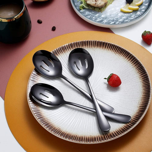 HOMQUEN Black 10-Piece Serving Flatware Set - Stainless Steel Utensils Include Slotted Spoon, Serving Fork & Ladle