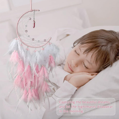 Dremisland Moon Dream Catcher with Fairy Lights-Handmade Feather Lucky Turquoise Pendant Beads Wall Hanging Ornament