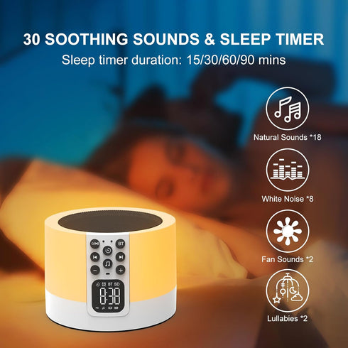 AFEXOA Dimmable 48 10 11 12 13 14 15 Night Light Bluetooth Speaker Alarm Clock, Sound Machine with White Noise, Touch