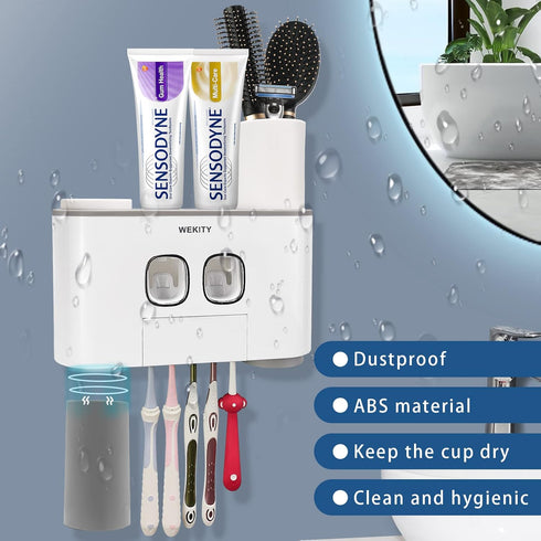 5 2 4 Toothbrush Holder Wall Mounted, WEKITY Multi-Functional Toothbrush and Toothpaste Dispenser for Bathroom