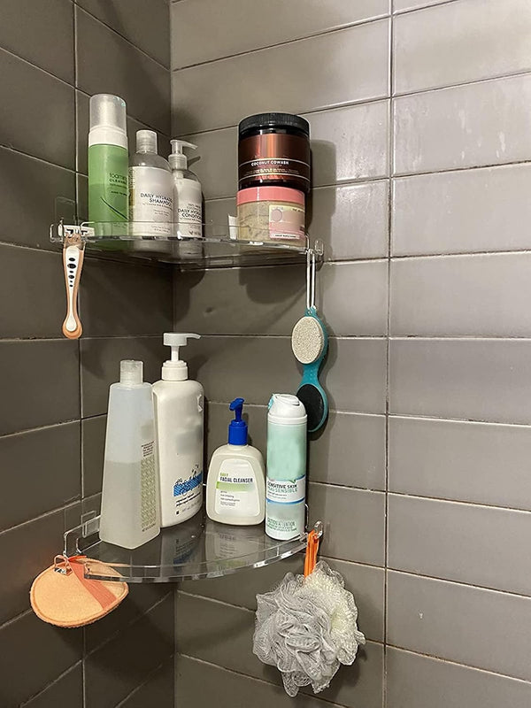 JiePai Acrylic Corner Shower Caddy Shelf with Hooks, 2 Pack Adhesive Wall Mounted Organizer for Shower & Kitchen Storage