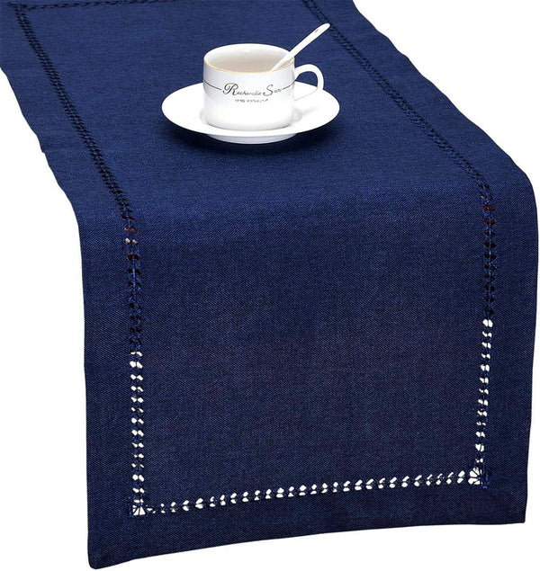 Grelucgo Handmade Hemstitch Solid Navy Blue Nautical Table Runner Dresser Scarf (14 x 54 Inch)