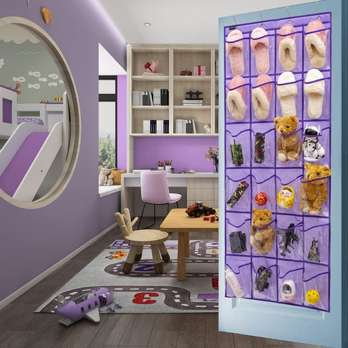 24 Modern Over the Door Shoe Rack Organizer with Clear PVC Pockets, Purple