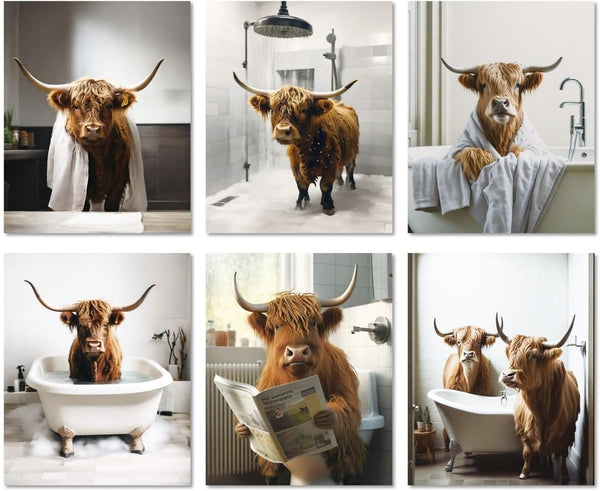 MINI ZOZI Cow Bathroom Decor 8x10, 6PCS Canvas Pictures Wall Decor Funny Highland Cow Prints Art