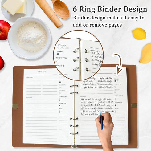 Blank Recipe Book to Write Your Own Recipes: 5.6 x 8.2 Recipe Ring Binder with PU Leather Cover, 160 Recipes