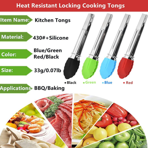 Mini Kitchen Tongs with Silicone Tips - 3 Set of 7 Inch Non-stick Small Tongs for Cooking and Serving (Multi-Color)